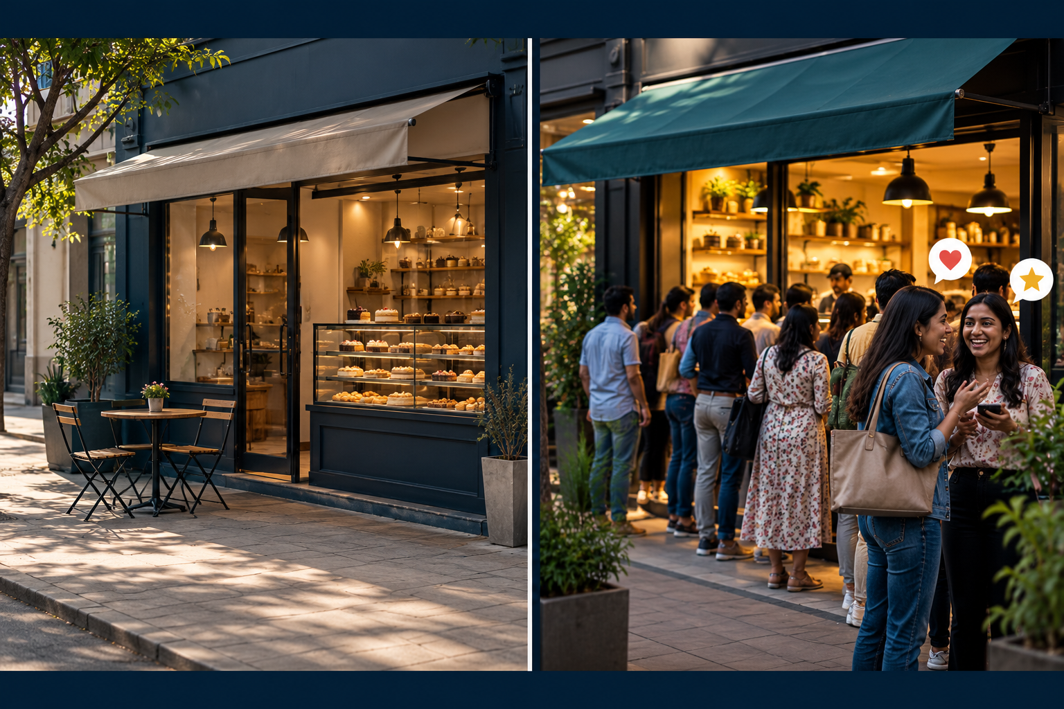 Two bakeries side by side: a quiet bakery with no customers and a busy bakery with a queue of happy customers recommending it