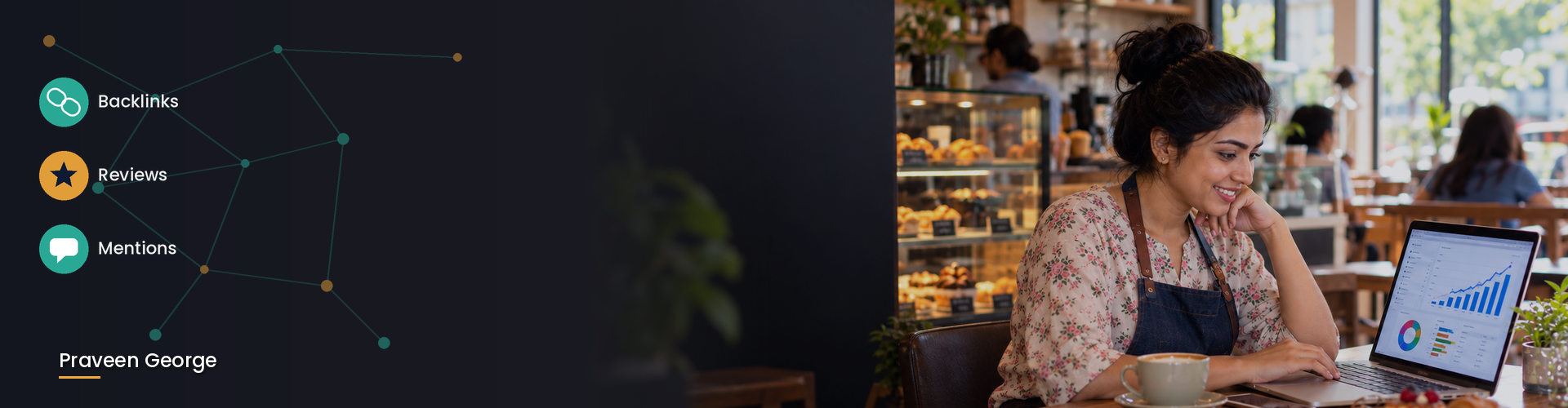 Small business owner in a cafe reviewing a growth chart on her laptop, following an off-page SEO checklist